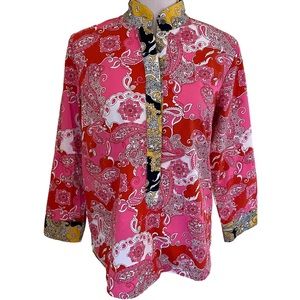 J. Crew Red/Pink/Mustard Paisley Cotton Poplin Henley Style Blouse XS